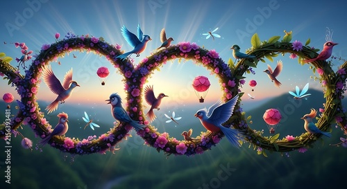 Fantasy birds flying through flower wreath infinity symbols
