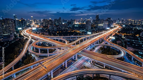 Busy highway interchange at night, urban cityscape, city lights, traffic flow