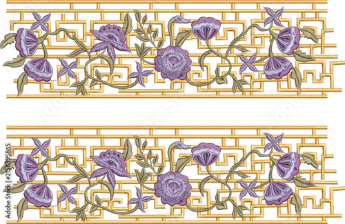 Gold Geometric Floral Border Embroidery Pattern with Purple Flowers