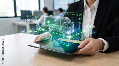 smart transportation management and sustainability concept showing professional reviewing delivery tracking, vehicle charge status, and green logistics performance on digital interface.