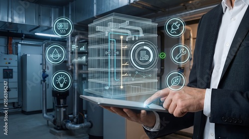Digital twin smart building model floating above tablet showing real-time facility management analytics and energy consumption metrics for industrial automation