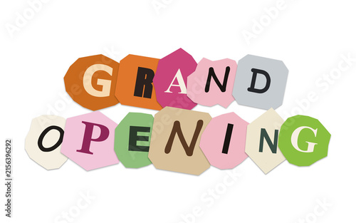 Grand opening colorful paper cutout letters as creative typography sign with announcement, colorful