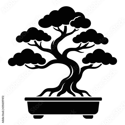 Bonsai Tree Silhouette Icon in Minimalist Black Style