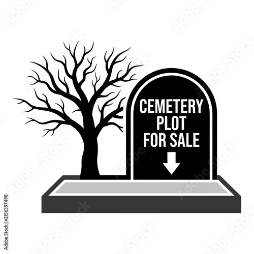 Cemetery plot for sale sign with bare tree
