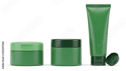 Green cosmetic product packaging on white background