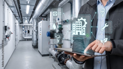 Smart building facility management system interface showing hvac controls and energy monitoring on tablet for modern industrial automation control