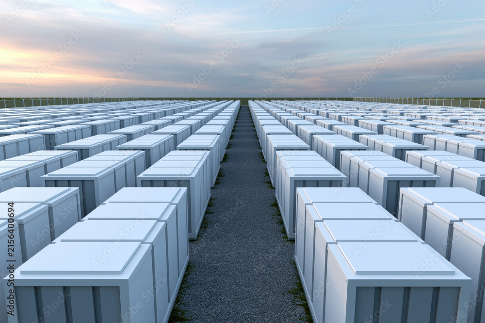 Fototapeta premium Utility scale battery storage field, wide angle view, renewable energy infrastructure, rows of battery container, clean power system, outdoor industrial site