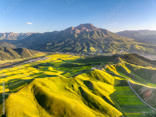 Aerial View of Rapeseed Fields and Mountain Landscape at Zhuoer Mountain in Qinghai Province, China