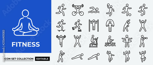 Fitness icon set collection, editable outline stroke vector, sport people exercising
