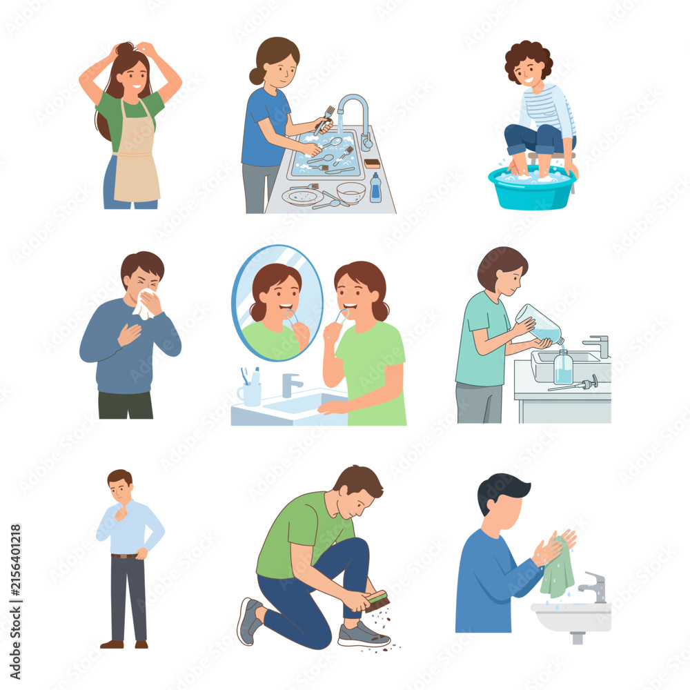 Fototapeta premium People Daily Hygiene And Personal Care Routine Collection Illustration Set