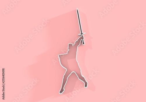 Medieval knight male warrior holding sword and shield. Hero wearing armor. Knight silhouette. For symbol, web icon, mascot and game elements. Protection and security. 3D render.
