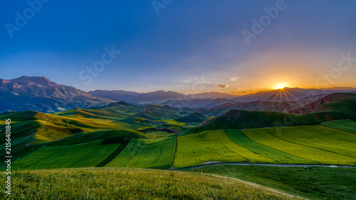 Sunset Over Rapeseed Fields and Mountains at Zhuoer Mountain in Qinghai, China