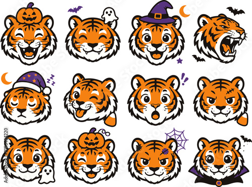 Cuadro en lienzo Cute Halloween tiger head icons set with spooky hats, pumpkins, and playful expr