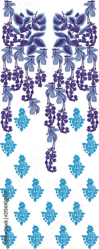 Blue Floral Paisley Embroidery Border with Decorative Motifs
