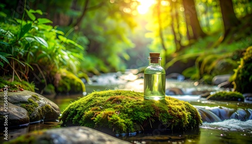 Mosscovered Rock with Glass Bottle Tranquil Forest Stream