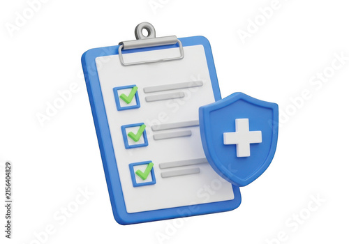 Medical clipboard with checklist and blue insurance shield icon isolated on transparent background