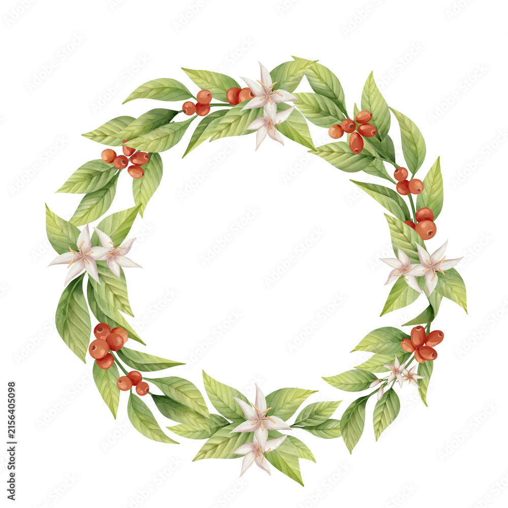 Fototapeta premium Coffee wreath with leaves, berries, and flowers. Circular botanical frame. Hand drawn aesthetic illustration