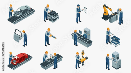 Clean Isometric of Modern Automobile Manufacturing Process with Workers and Machinery with high quality professional line art symbols for modern creative design and digital branding projects