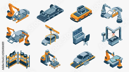 Clean Isometric of Modern Automated Car Manufacturing Process with Robots and Assembly Line Equipment