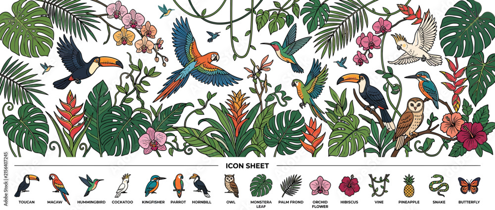 Obraz premium Vibrant Jungle Birds and Tropical Plants Illustration