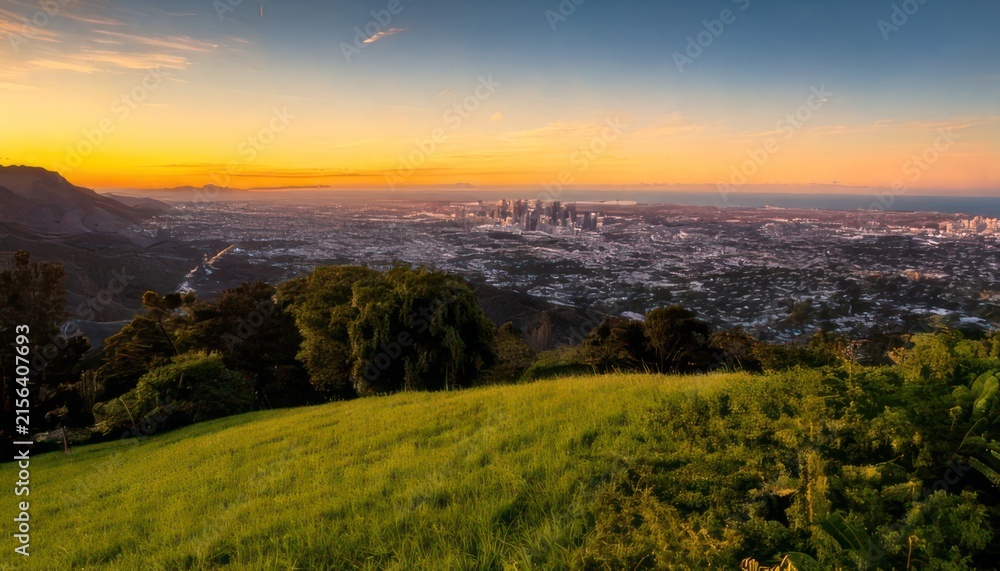 Fototapeta premium Sunset over green hill cityscape view.