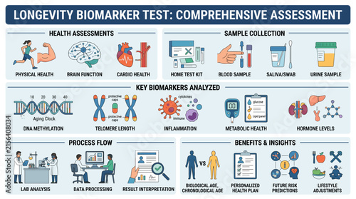 Longevity biomarker test infographic illustrating biological age assessment, DNA methylation, telomere length, health assessments, and personalized medical insights.