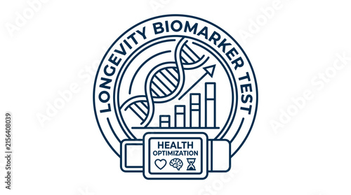 Minimalist circular badge for longevity biomarker test including DNA helix, growth charts, and health optimization digital device icons.