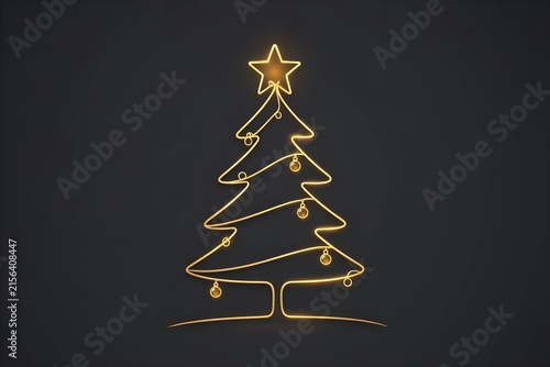 Golden Line Art Christmas Tree with Baubles and Star on Dark Background