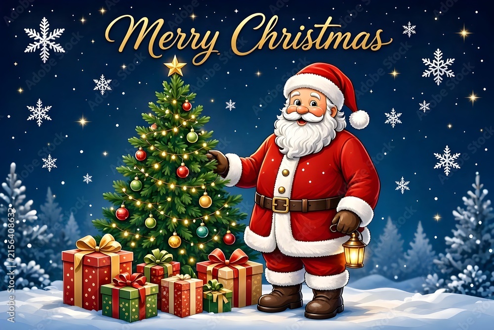 Naklejka premium Santa Claus Holding Lantern beside Christmas Tree in Snow