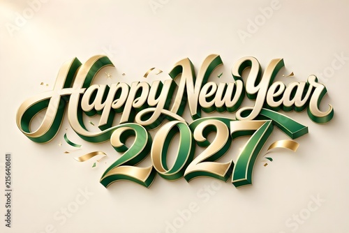 3D Green and Gold Happy New Year 2027 Calligraphy Banner