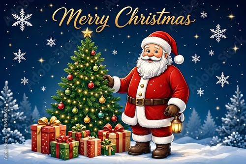 Santa Claus Holding Lantern beside Christmas Tree in Snow