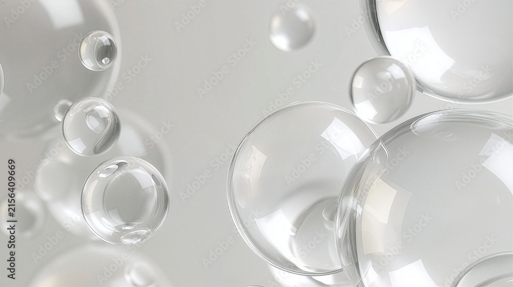 Fototapeta premium Floating transparent glass spheres background with copy space for cosmetic banner