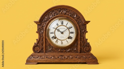 Vintage wooden clock with ornate design and classic Roman numerals