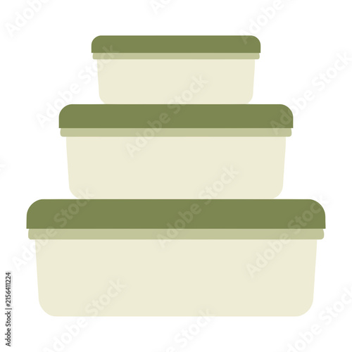 Stack of green and cream plastic food storage containers for kitchen organization