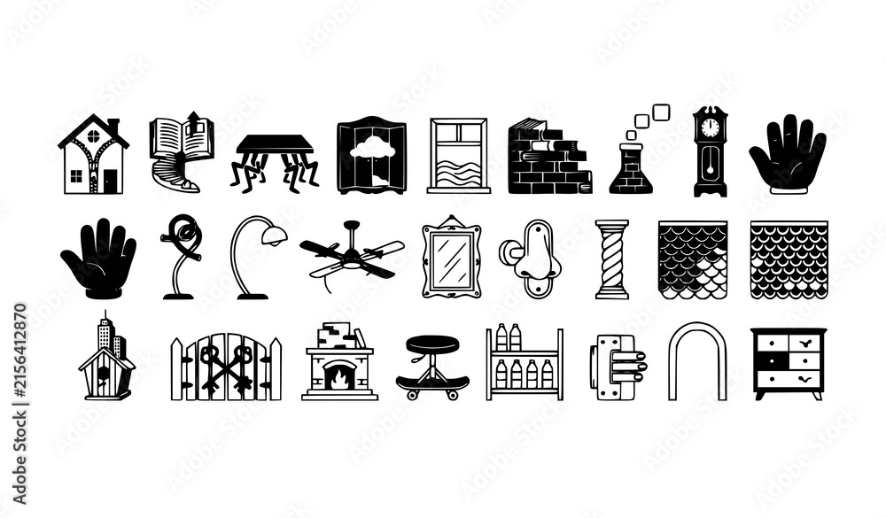 Fototapeta premium Home Interior Construction and House Renovation Vector Icon Set Featuring Architecture Elements, Furniture, Windows, Lighting, Architecture Materials, and Decoration Symbols