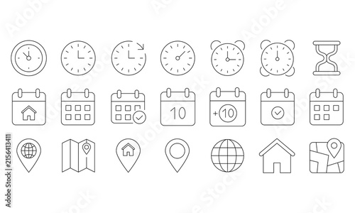 Clock, Calendar, Schedule, Map Pin, and Location Navigation Outline Vector Icons