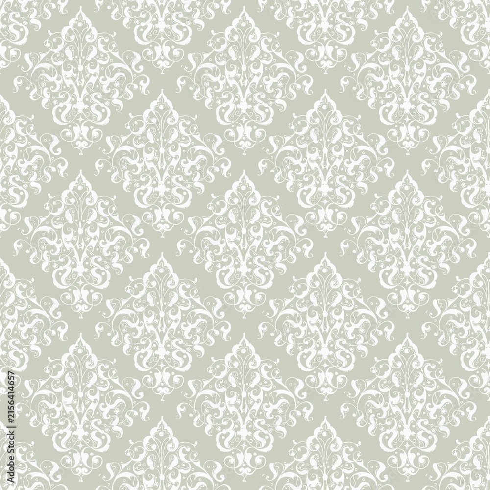 Obraz premium Damask Floral Seamless Pattern Sage Green and White Background