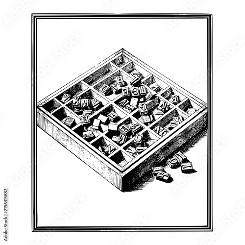 Vintage wooden tray with movable type letters