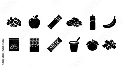 Healthy Snack Icons: Fruit, Nuts, Bars, Yogurt, and Drinks Vector Set