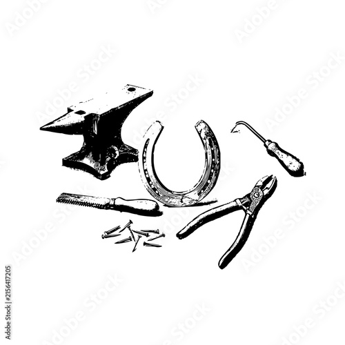 Blacksmithing tools with horseshoe and anvil illustration