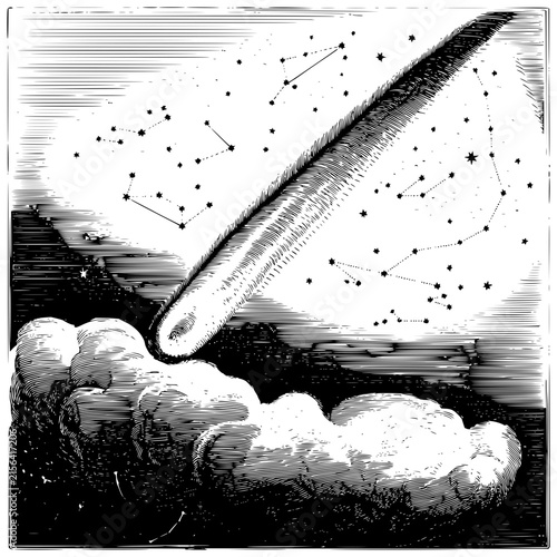 Vintage Engraving of a Comet in the Night Sky
