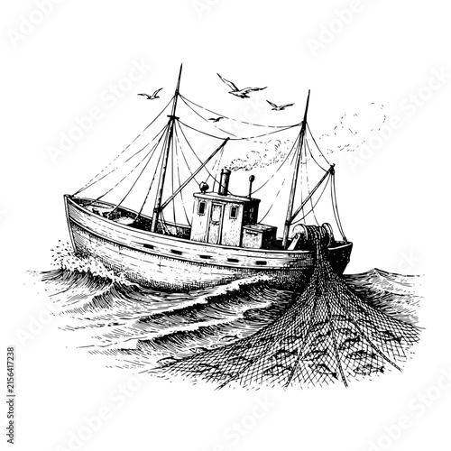 Vintage Fishing Boat with Nets and Sea Birds