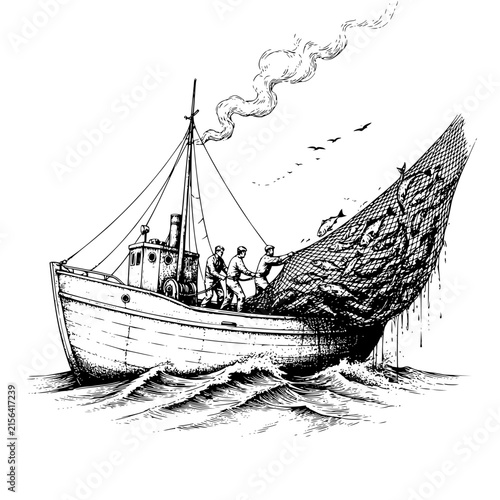 Fishing boat crew hauling net full of fish