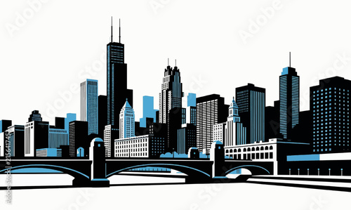 Chicago skyline vector with bridge and iconic skyscrapers