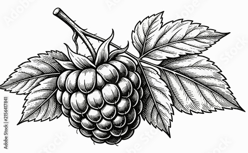 Raspberry vector black white botanical engraving with leaves