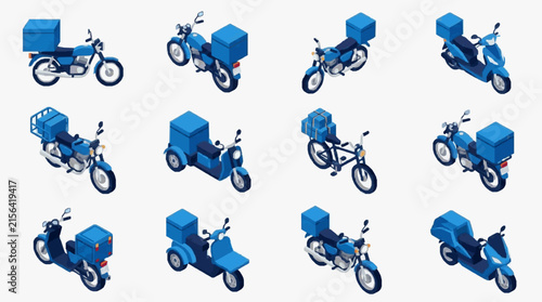 Corporate Delivery Fleet Isometric of Blue Delivery Motorcycles and Scooters with Cargo Boxes with high quality professional line art symbols for modern creative design and digital branding projects