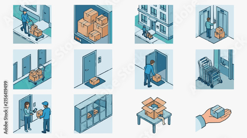 Corporate Delivery Process Isometric Illustrations of Package Handling and Storage in Office Environment