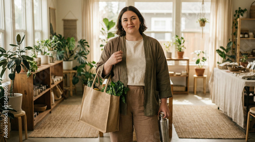 Young woman carrying a tote bag with plants in a cozy indoor space  