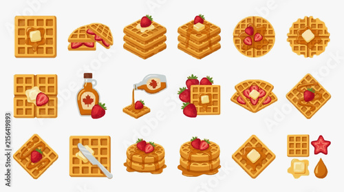 Corporate Collection of Delicious Waffle Combinations with Butter Strawberries and Maple Syrup Illustrations