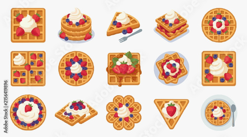 Corporate Collection of Delicious Gourmet Waffles with Fresh Berries and Cream Toppings in Various Shapes and Styles